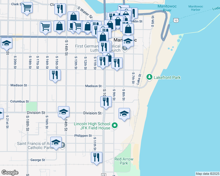 map of restaurants, bars, coffee shops, grocery stores, and more near 911 Madison Street in Manitowoc