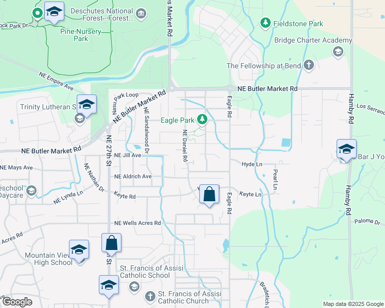 map of restaurants, bars, coffee shops, grocery stores, and more near 62867 Daniel Road in Bend