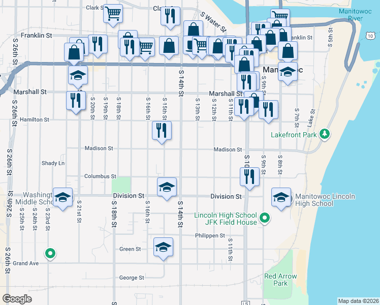 map of restaurants, bars, coffee shops, grocery stores, and more near 1305 South 14th Street in Manitowoc
