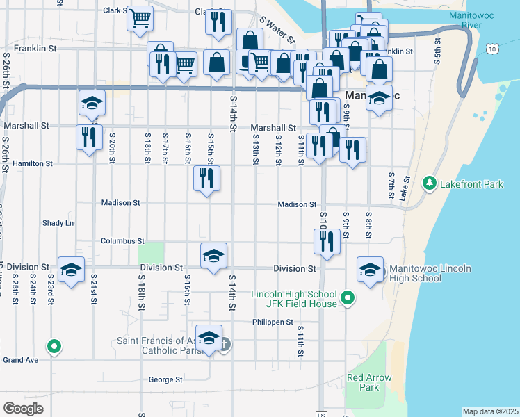 map of restaurants, bars, coffee shops, grocery stores, and more near 1301 South 13th Street in Manitowoc