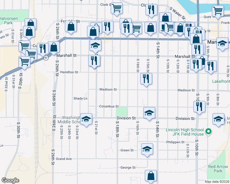 map of restaurants, bars, coffee shops, grocery stores, and more near 1316 South 18th Street in Manitowoc
