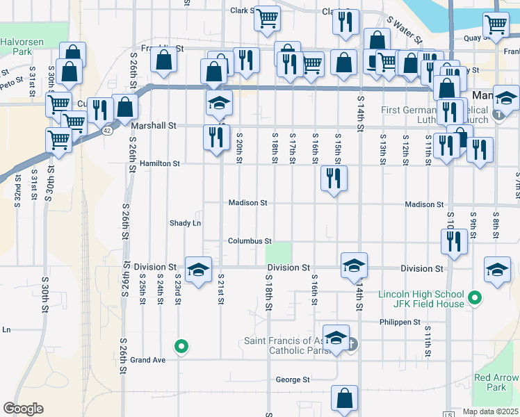 map of restaurants, bars, coffee shops, grocery stores, and more near 1316 South 18th Street in Manitowoc