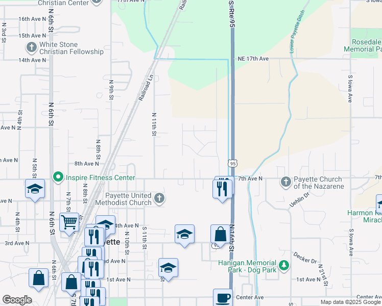 map of restaurants, bars, coffee shops, grocery stores, and more near 1360 Cantebria Way in Payette