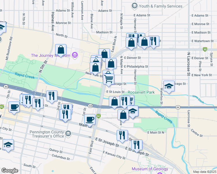 map of restaurants, bars, coffee shops, grocery stores, and more near 114 East Boulevard North in Rapid City