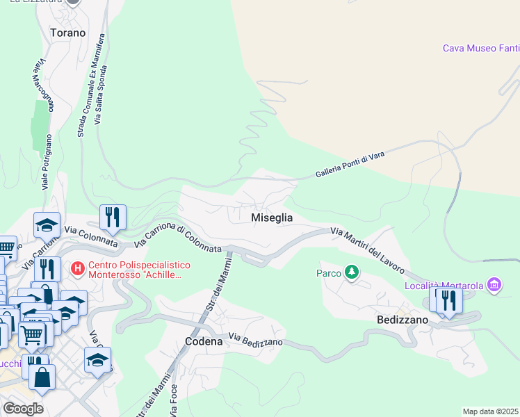 map of restaurants, bars, coffee shops, grocery stores, and more near 11 Largo dei Canapari in Miseglia