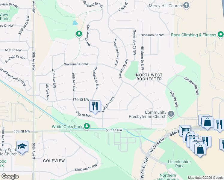 map of restaurants, bars, coffee shops, grocery stores, and more near 4417 Newcastle Ln NW in Rochester