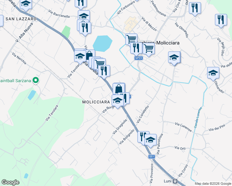 map of restaurants, bars, coffee shops, grocery stores, and more near 207 Strada Statale 1 in Castelnuovo Magra