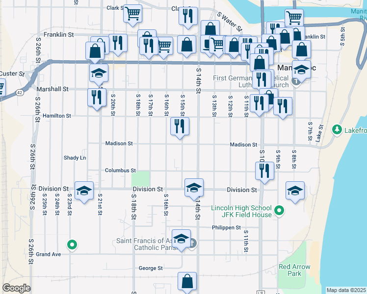 map of restaurants, bars, coffee shops, grocery stores, and more near 1305 South 15th Street in Manitowoc