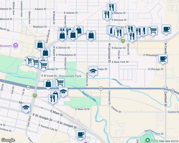 map of restaurants, bars, coffee shops, grocery stores, and more near 118 Waterloo Street in Rapid City
