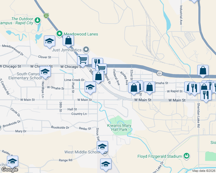 map of restaurants, bars, coffee shops, grocery stores, and more near 3331 West Rapid Street in Rapid City