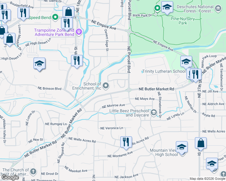 map of restaurants, bars, coffee shops, grocery stores, and more near 1880 Northeast Butler Market Road in Bend