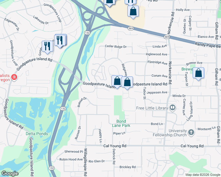 map of restaurants, bars, coffee shops, grocery stores, and more near 1220 Goodpasture Island Road in Eugene