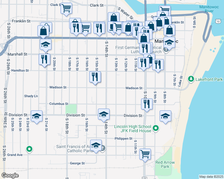 map of restaurants, bars, coffee shops, grocery stores, and more near 1305 South 14th Street in Manitowoc