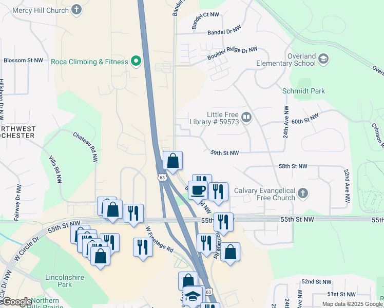 map of restaurants, bars, coffee shops, grocery stores, and more near 2870 59th Street Northwest in Rochester