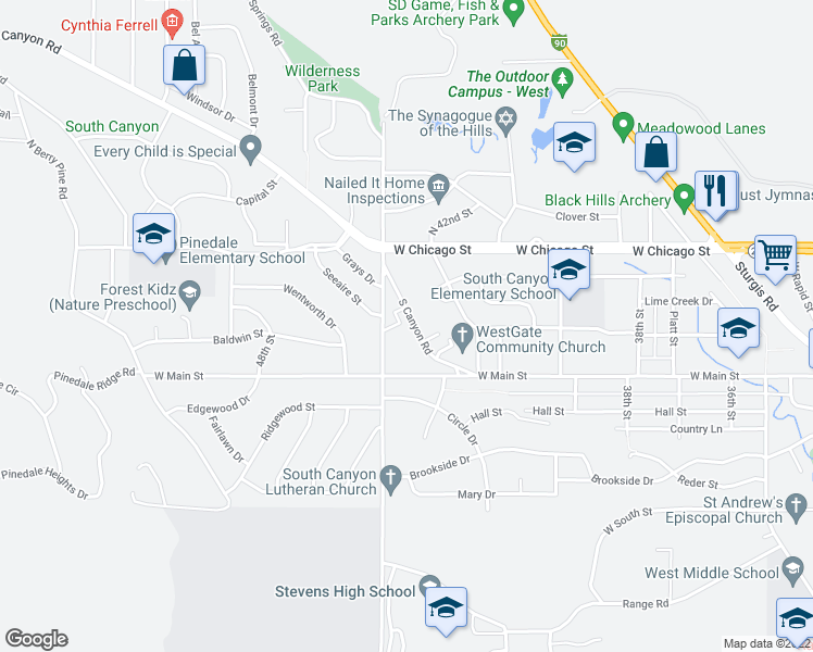 map of restaurants, bars, coffee shops, grocery stores, and more near 35 South Canyon Road in Rapid City