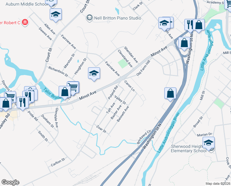 map of restaurants, bars, coffee shops, grocery stores, and more near 50 Poland Road in Auburn