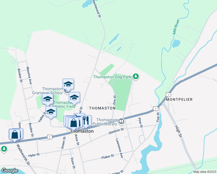 map of restaurants, bars, coffee shops, grocery stores, and more near 13 Erin Street in Thomaston