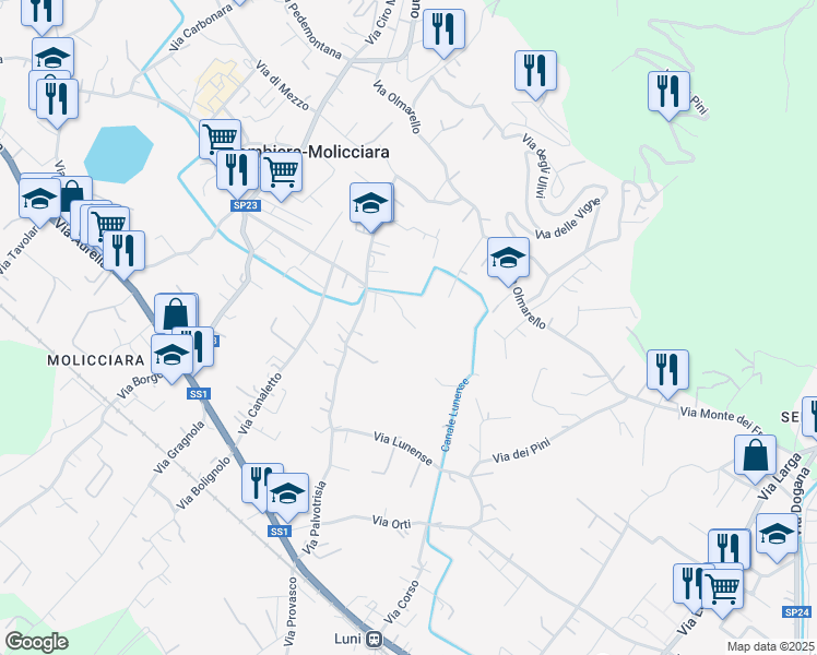 map of restaurants, bars, coffee shops, grocery stores, and more near 96 Via Palvotrisia in Castelnuovo Magra