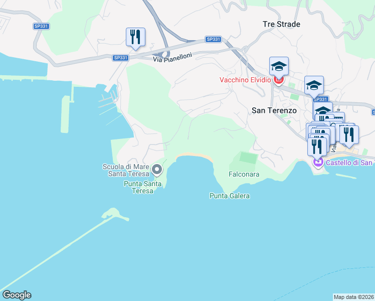 map of restaurants, bars, coffee shops, grocery stores, and more near 11 Via Santa Teresa in Lerici