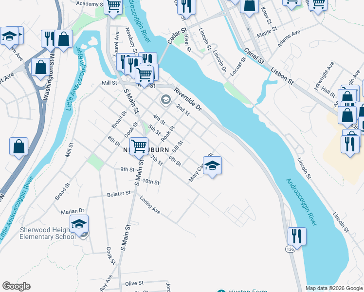 map of restaurants, bars, coffee shops, grocery stores, and more near 42 Gill Street in Auburn