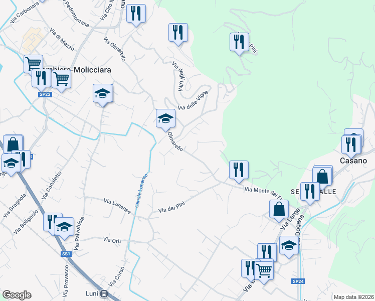 map of restaurants, bars, coffee shops, grocery stores, and more near 43 Via Olmarello in Colombiera-Molicciara