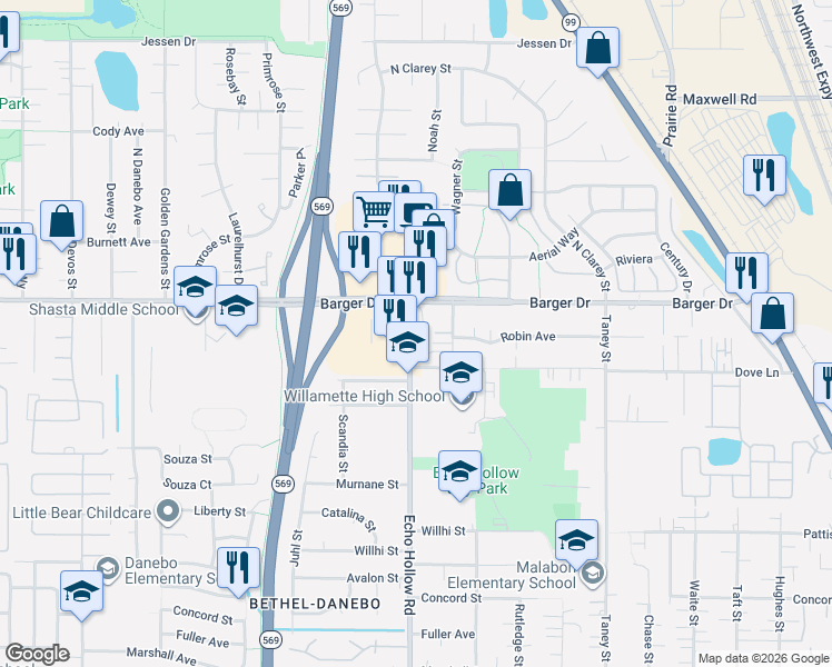 map of restaurants, bars, coffee shops, grocery stores, and more near 1951 Echo Hollow Road in Eugene