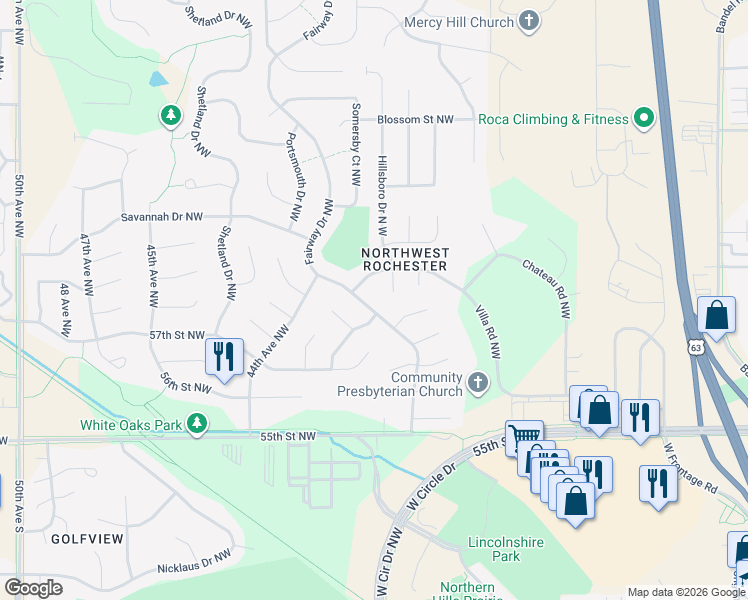 map of restaurants, bars, coffee shops, grocery stores, and more near 6001 Hillsboro Drive North West in Rochester