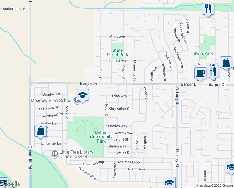 map of restaurants, bars, coffee shops, grocery stores, and more near 5509 Edna Way in Eugene