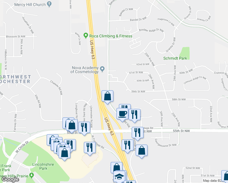 map of restaurants, bars, coffee shops, grocery stores, and more near 2870 59th Street Northwest in Rochester