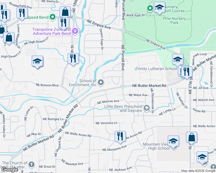 map of restaurants, bars, coffee shops, grocery stores, and more near 3279 Northeast Jonahs Court in Bend