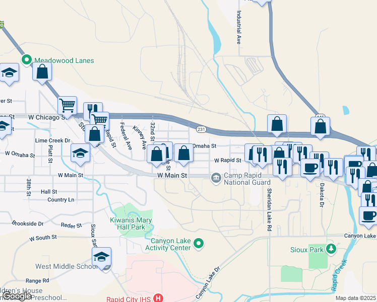 map of restaurants, bars, coffee shops, grocery stores, and more near 315 Saint Onge Street in Rapid City