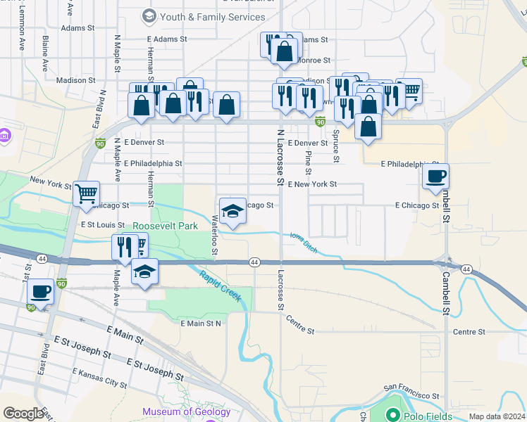 map of restaurants, bars, coffee shops, grocery stores, and more near 515 East Chicago Street in Rapid City