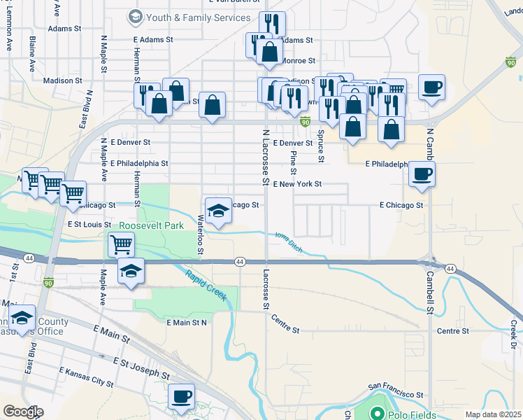 map of restaurants, bars, coffee shops, grocery stores, and more near 127 North Lacrosse Street in Rapid City