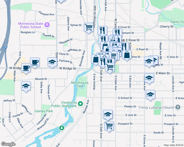 map of restaurants, bars, coffee shops, grocery stores, and more near 208 Walnut Avenue South in Owatonna