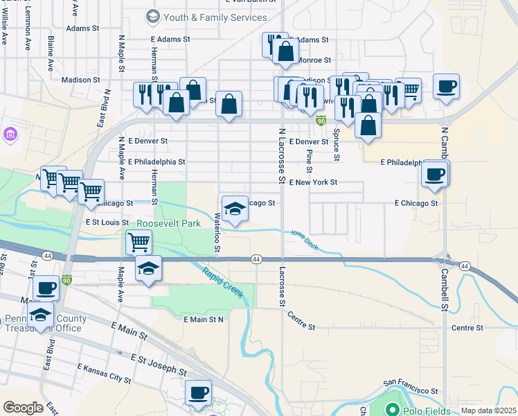 map of restaurants, bars, coffee shops, grocery stores, and more near 507 East Chicago Street in Rapid City