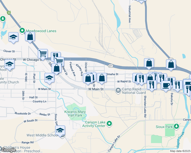 map of restaurants, bars, coffee shops, grocery stores, and more near 3030 West Rapid Street in Rapid City