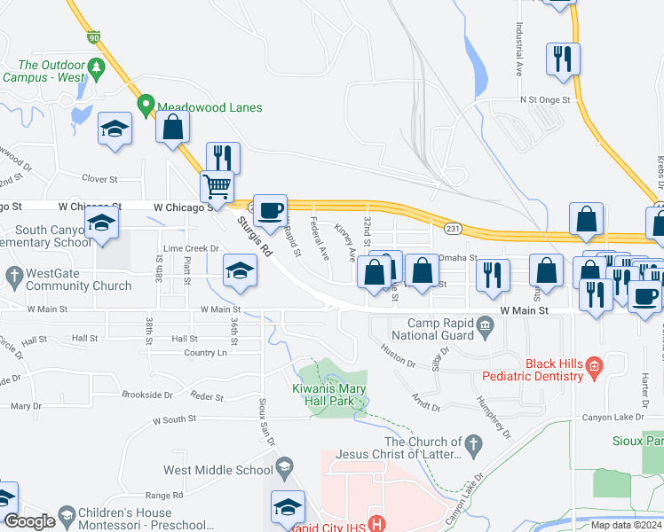 map of restaurants, bars, coffee shops, grocery stores, and more near 270 Federal Avenue in Rapid City