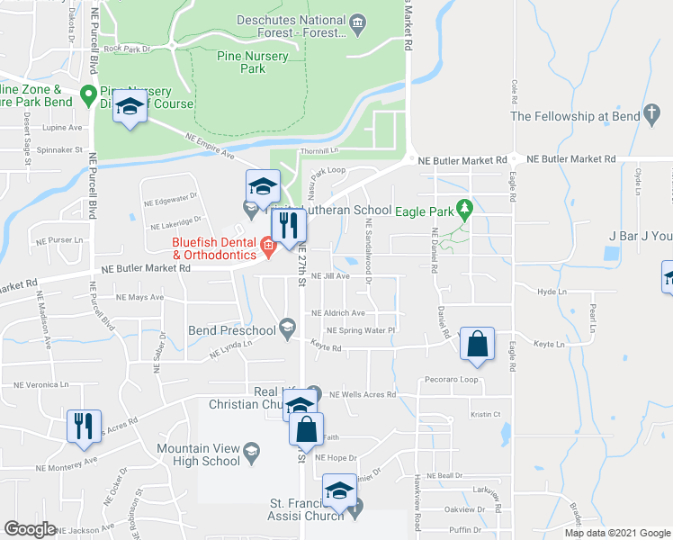 map of restaurants, bars, coffee shops, grocery stores, and more near 3198 Northeast Coho Street in Bend