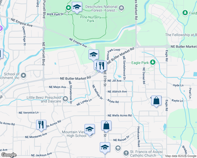 map of restaurants, bars, coffee shops, grocery stores, and more near 2684 Northeast Jill Court in Bend