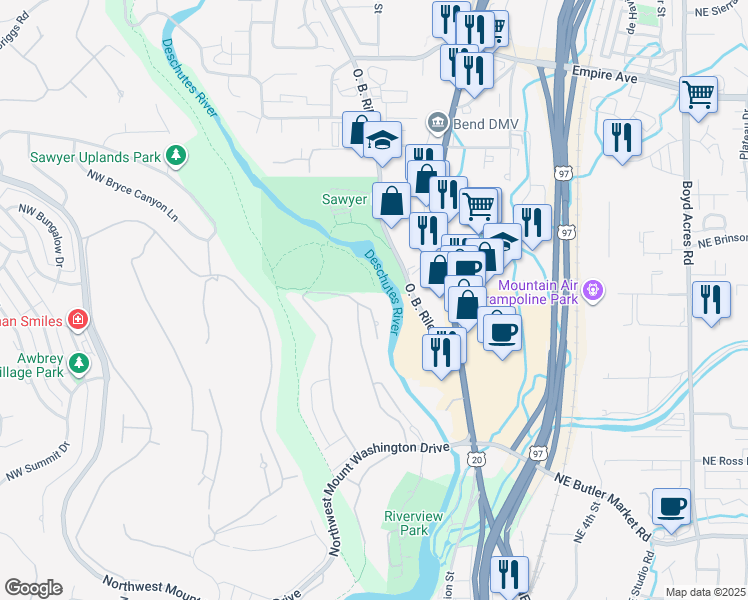 map of restaurants, bars, coffee shops, grocery stores, and more near 3181 Northwest Quiet River Lane in Bend