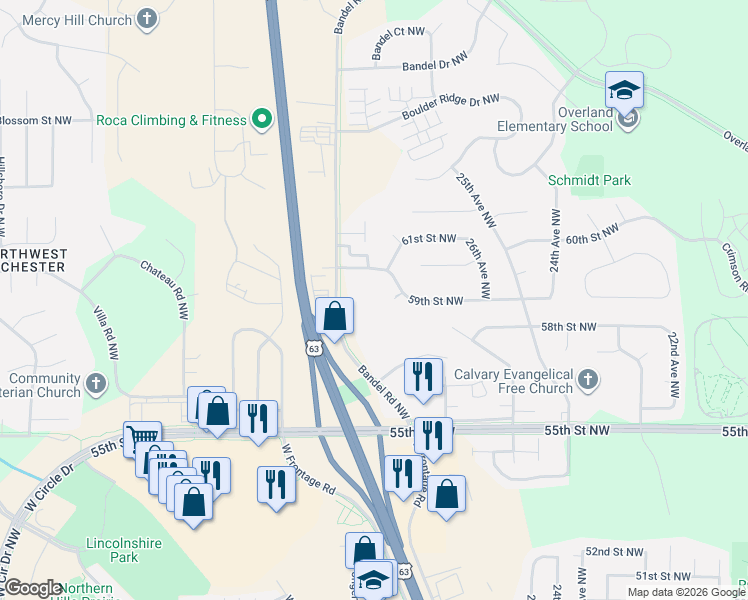 map of restaurants, bars, coffee shops, grocery stores, and more near 5810 Edelweiss Lane Northwest in Rochester