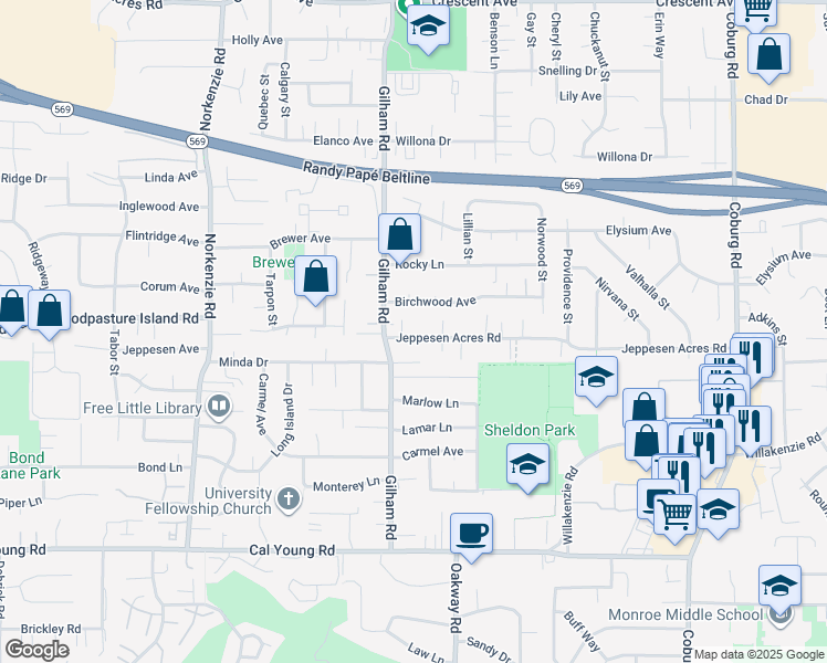 map of restaurants, bars, coffee shops, grocery stores, and more near 2133 Jeppesen Acres Road in Eugene