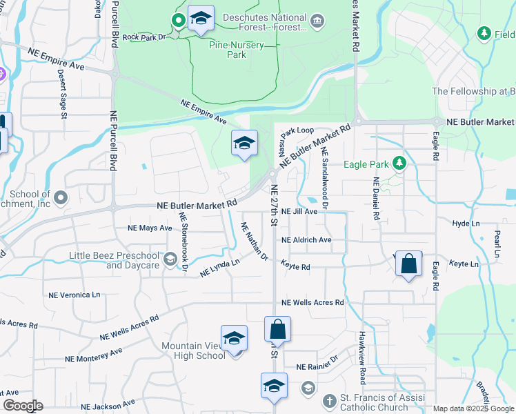 map of restaurants, bars, coffee shops, grocery stores, and more near 2684 Northeast Jill Court in Bend