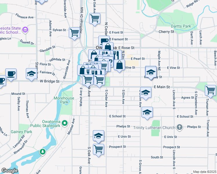 map of restaurants, bars, coffee shops, grocery stores, and more near 111 East Main Street in Owatonna