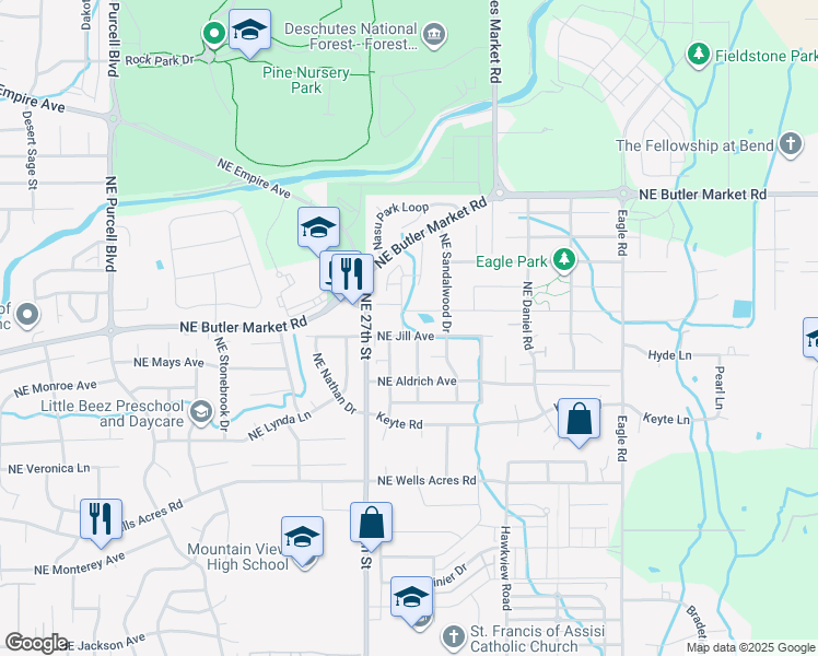 map of restaurants, bars, coffee shops, grocery stores, and more near 3206 Northeast Bain Street in Bend