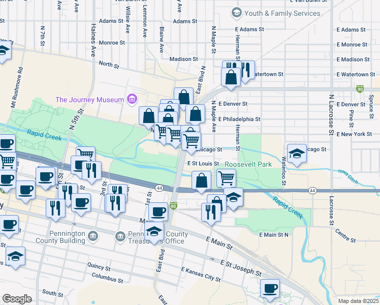 map of restaurants, bars, coffee shops, grocery stores, and more near 114 East Boulevard North in Rapid City
