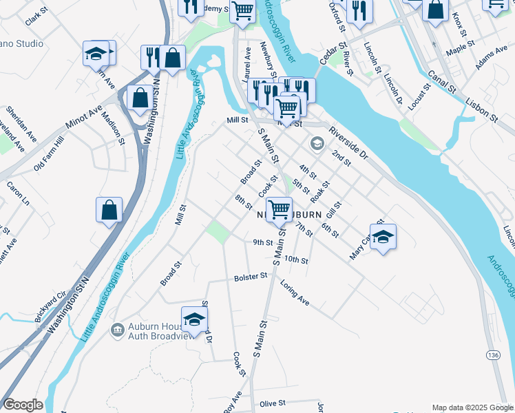 map of restaurants, bars, coffee shops, grocery stores, and more near in Auburn