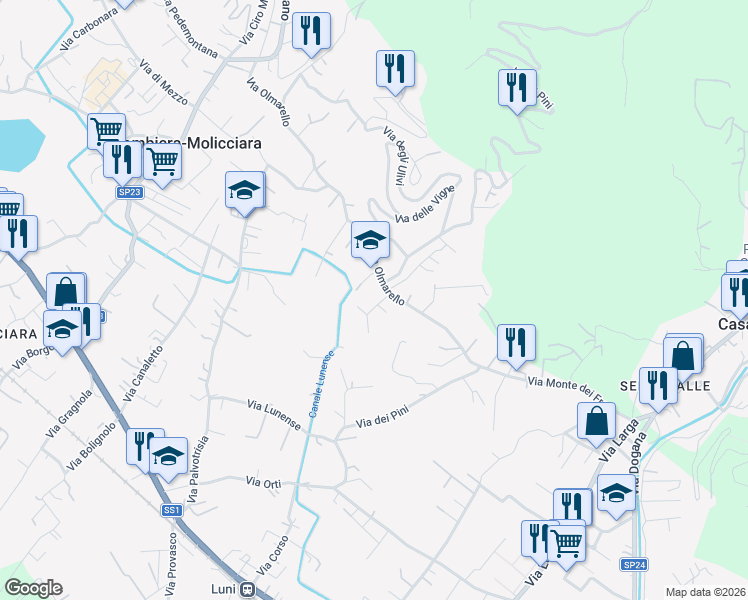 map of restaurants, bars, coffee shops, grocery stores, and more near 40 Via del Maggiore in Colombiera-molicciara