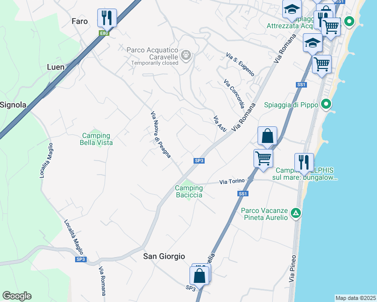 map of restaurants, bars, coffee shops, grocery stores, and more near 11 Via Nuova di Peagna in Ceriale