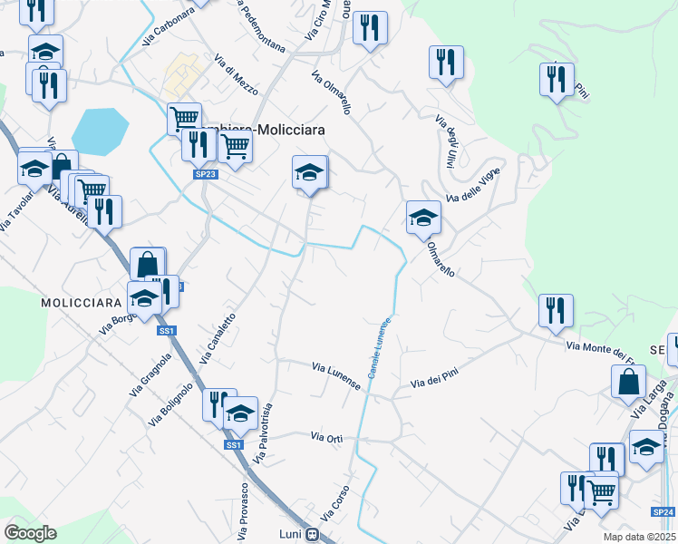 map of restaurants, bars, coffee shops, grocery stores, and more near 96 Via Palvotrisia in Castelnuovo Magra